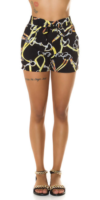 Trendy Highwaist Shorts with chain print Blackyellow